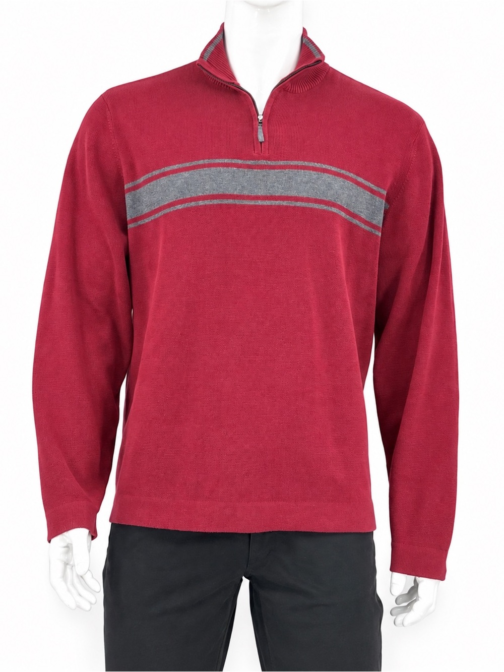 Arrow  Red Gray Stripe 100% Cotton Quarter Zip Sweater